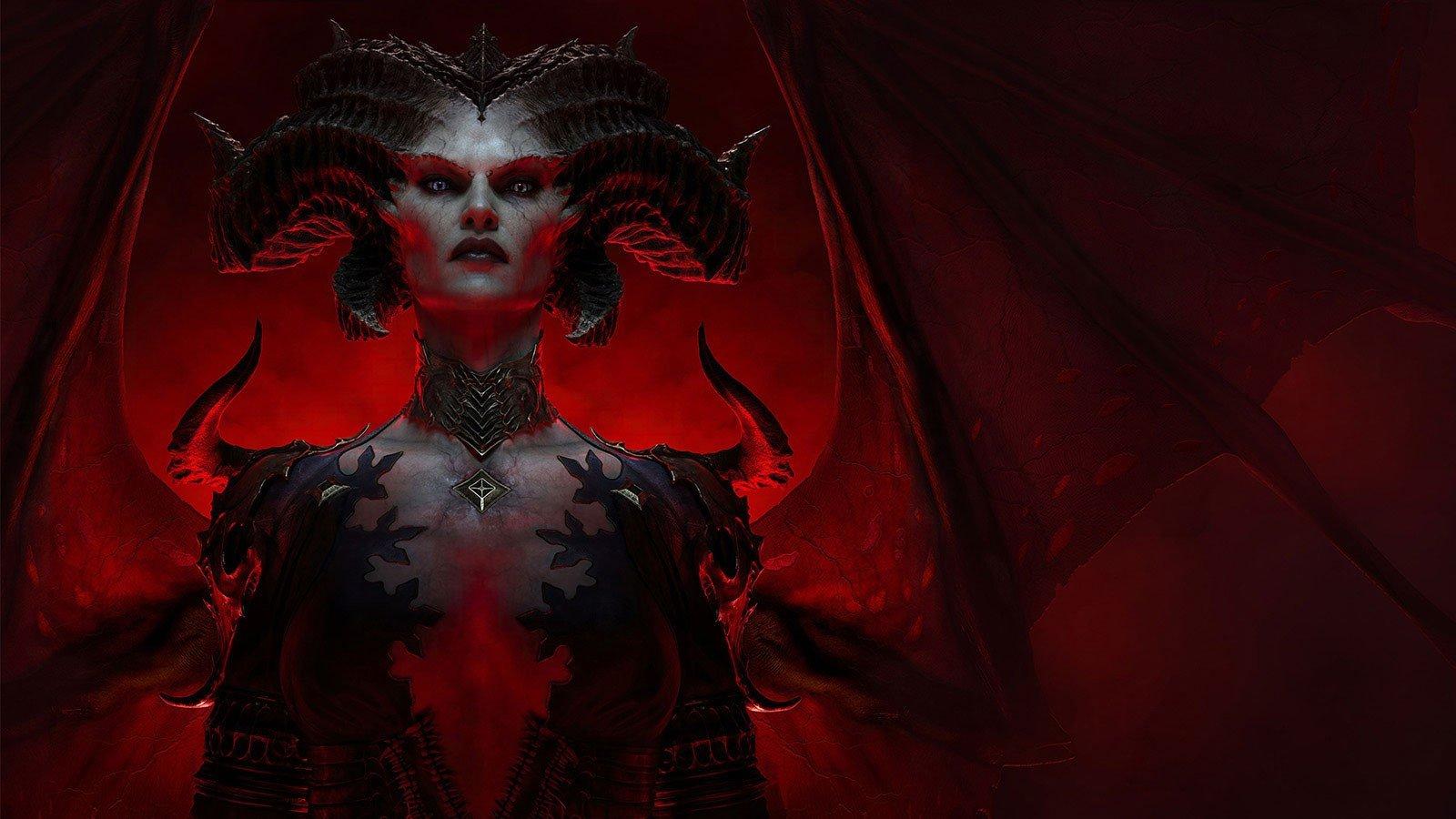 《菠菜台子大全》角色莉莉丝的艺术渲染, 一个恶魔般的女人，在血红色的背景下长着翅膀.